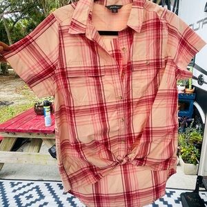 Eddie Bauer Peach and Red Plaid Short-Sleeve Button Shirt